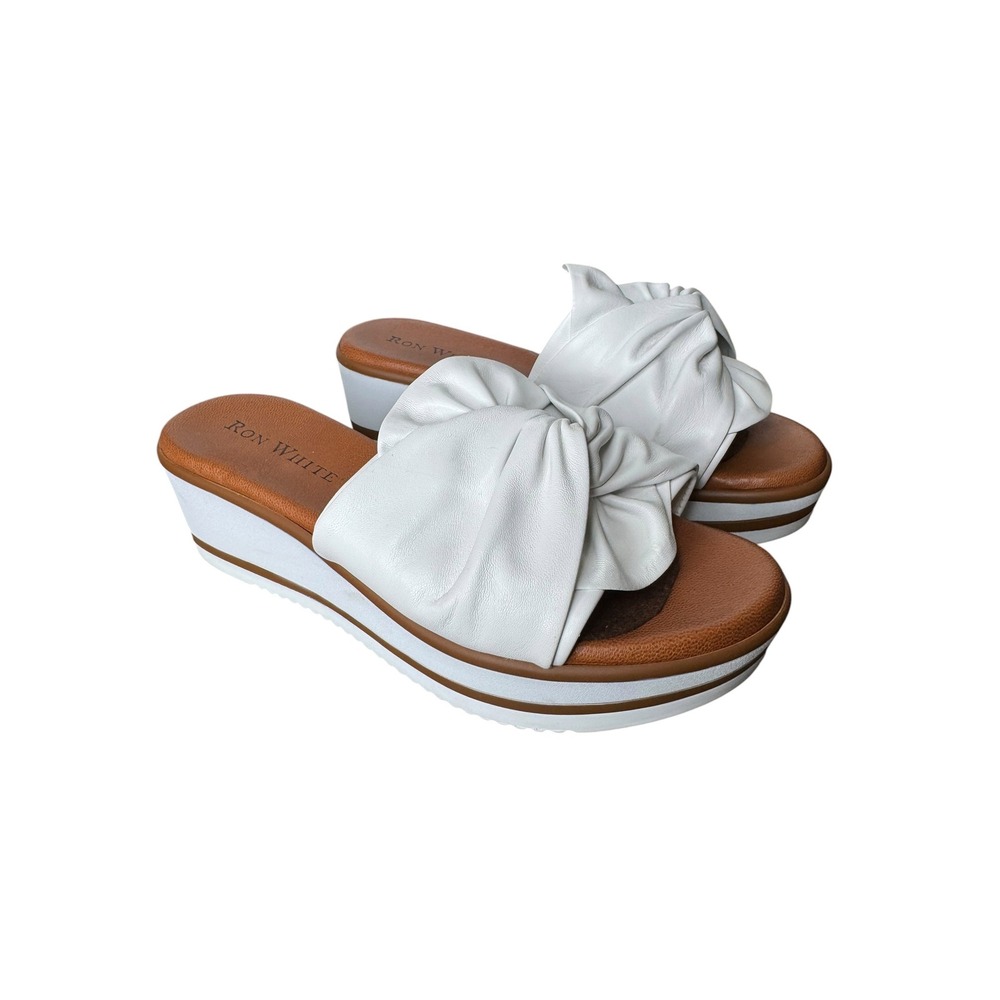 Ron White Paislee Leather Knotted Bow Platform Wedge Slide Sandals 39 8.5